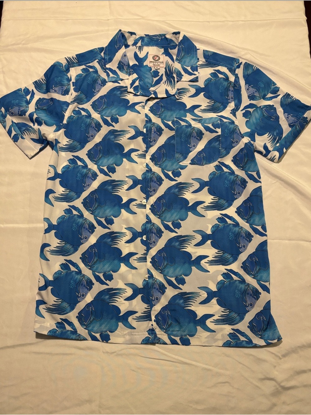 Blue Fish-Print Short-Sleeve Button-Down Shirt
